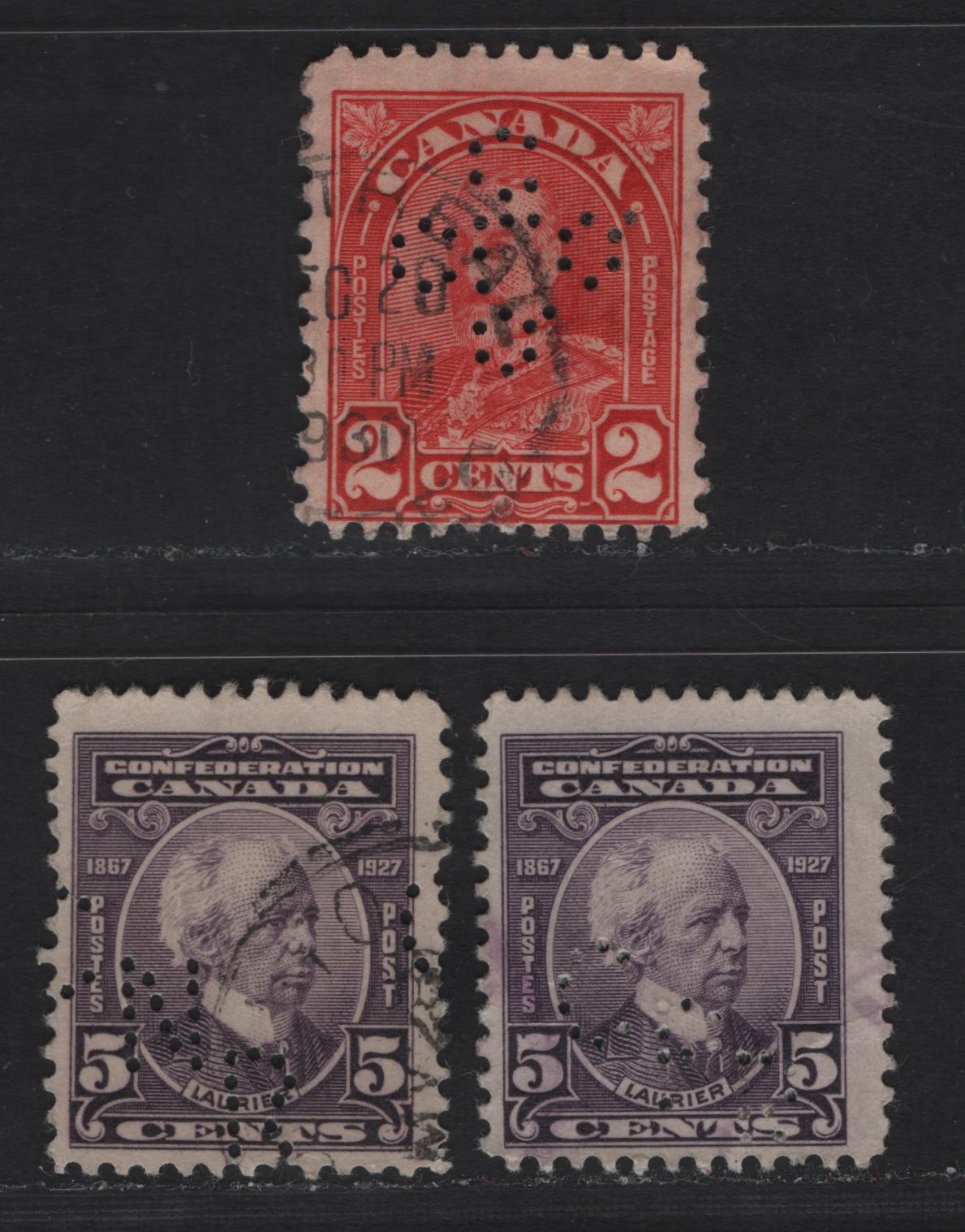 Lot 330 Canada #144, 165 5c - 2c Milky Violet - Scarlet Sir Wilfrid Laurier - parliament Building, 1927-1931 Confederation - Arch/Leaf Issues, 3 Fine Used Singles, CPR & CNR Perfins Pos 1 & Quebec Liquor Commission Perfin, Montreal
