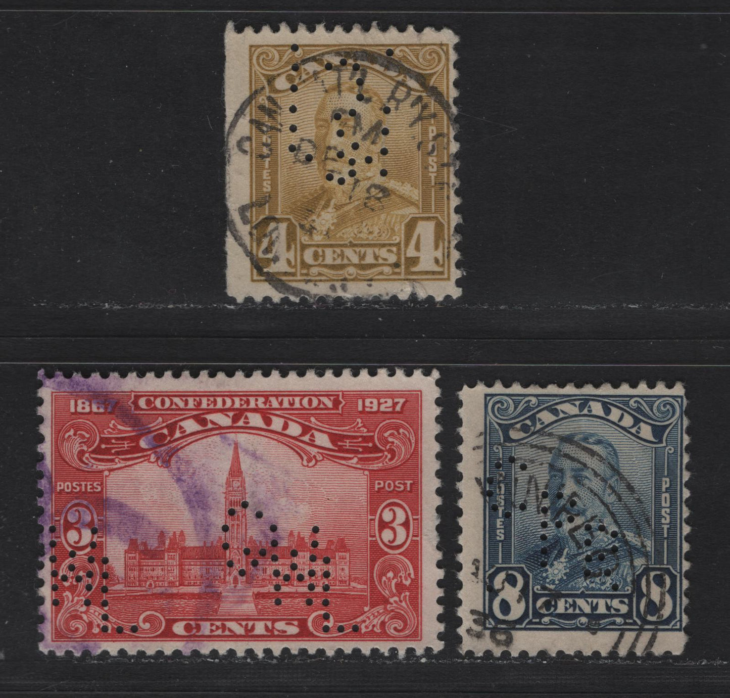 Lot 331 Canada #143, 152, 154 3c - 8c Carmine Red - Dark Blue Parliament Building - , 1927-1929 Confederation - Scroll Issues,  Fine Used Singles, Great West Life, CPR & Inverted McClary Manufacturing Perfins
