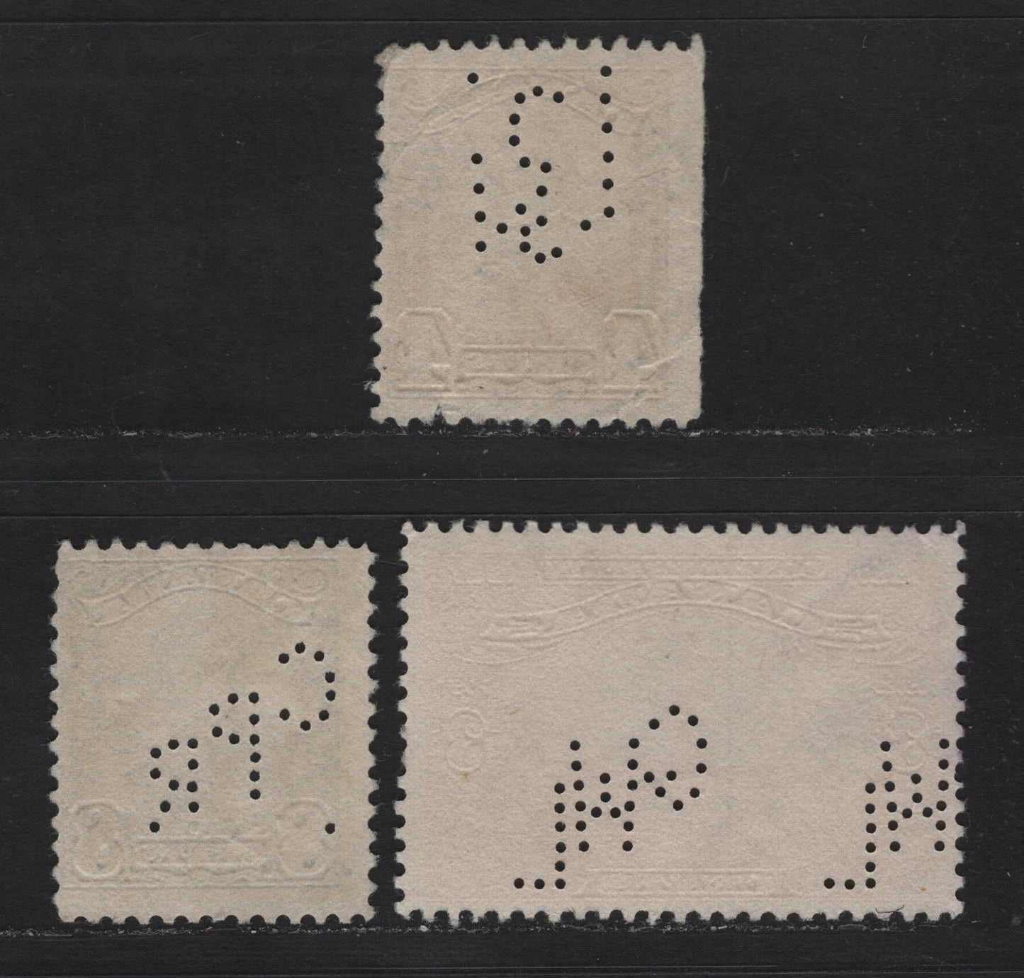 Lot 331 Canada #143, 152, 154 3c - 8c Carmine Red - Dark Blue Parliament Building - , 1927-1929 Confederation - Scroll Issues,  Fine Used Singles, Great West Life, CPR & Inverted McClary Manufacturing Perfins