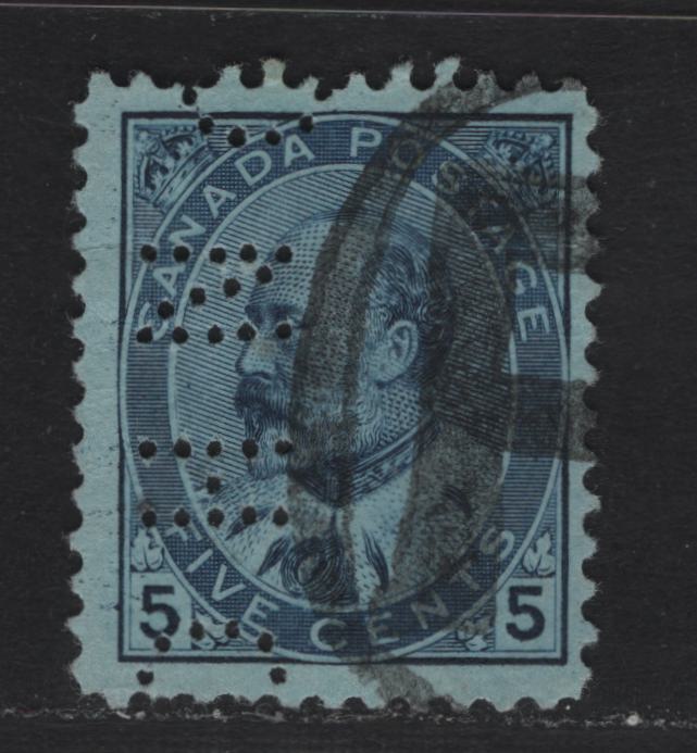 Lot 333 Canada #91 5c Blue King Edward VII, 1903-1908 King Edward VII Issue, A Fine Used Single, Osler, Hammond & Nanton Perfin, The Perfin Handbook Assigns A Rariety Factor Of D, Corresponding To 31-100 Reported