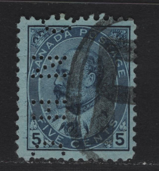 Lot 333 Canada #91 5c Blue King Edward VII, 1903-1908 King Edward VII Issue, A Fine Used Single, Osler, Hammond & Nanton Perfin, The Perfin Handbook Assigns A Rariety Factor Of D, Corresponding To 31-100 Reported