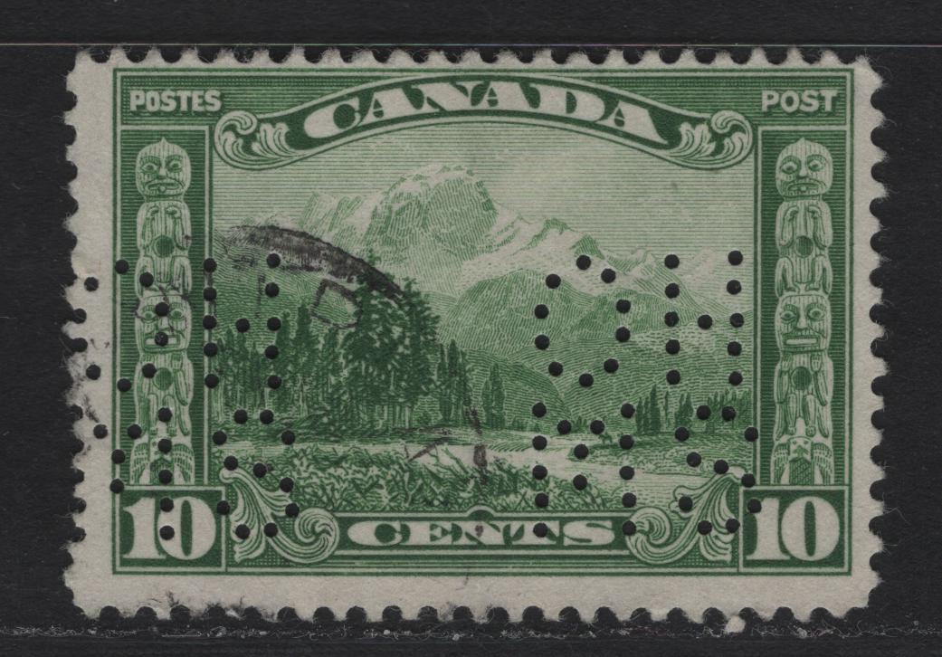 Lot 334 Canada (C) #O8-155 10c Green Mt Hurd, 1928-1929 Scroll Perfin Issue, A Fine Used Single, 5 Hole OHMS Perfin, Pos. 1