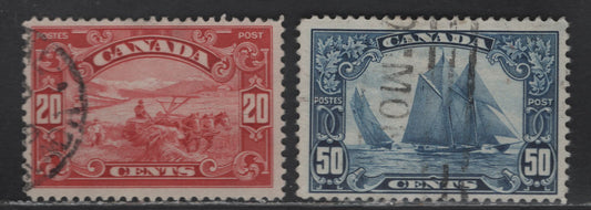Lot 343 Canada #157-158 20c - 50c Dark Carmine - Dark Blue Harvesting Wheat - Bluenose, 1928-1929 Scroll Issue, 2 Fine Used Singles, Unchecked As To Paper Type
