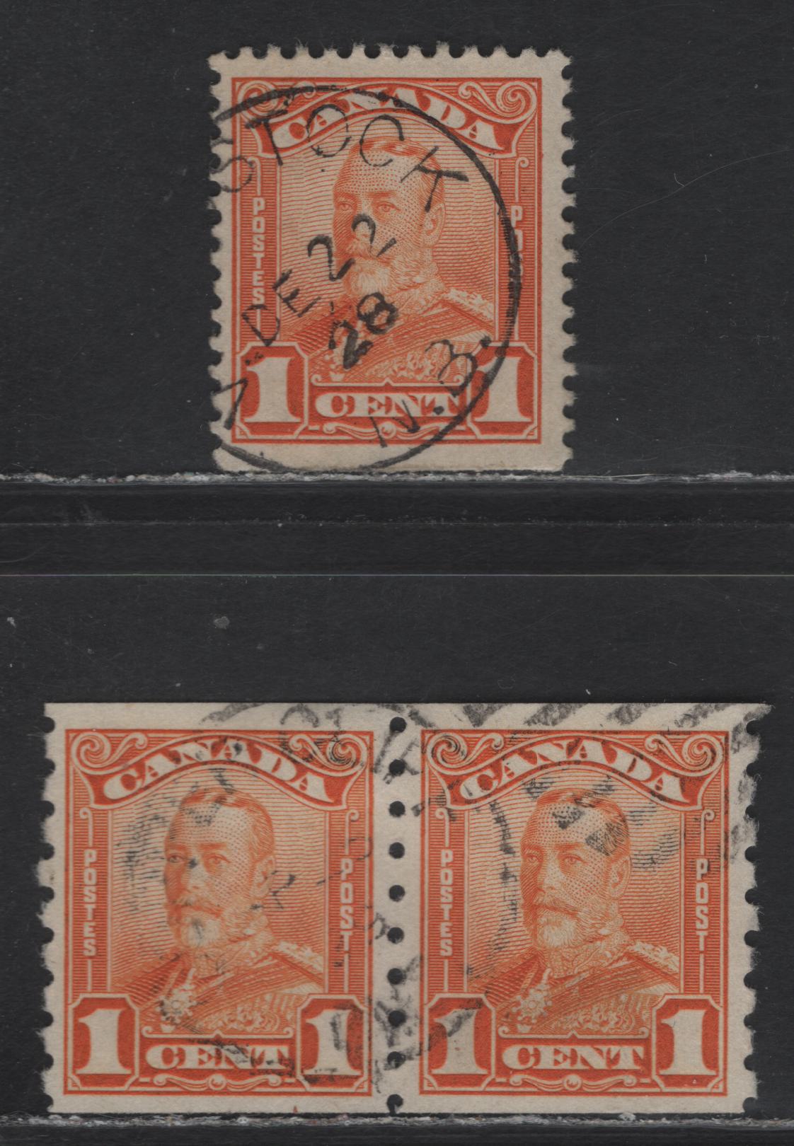 Lot 344 Canada #149, 160 1c Orange King George V, 1928-1929 Scroll Issue, 2 Very Fine Used Single & Coil Pair, ABN-OOOO Paper