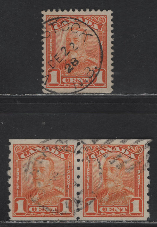 Lot 344 Canada #149, 160 1c Orange King George V, 1928-1929 Scroll Issue, 2 Very Fine Used Single & Coil Pair, ABN-OOOO Paper