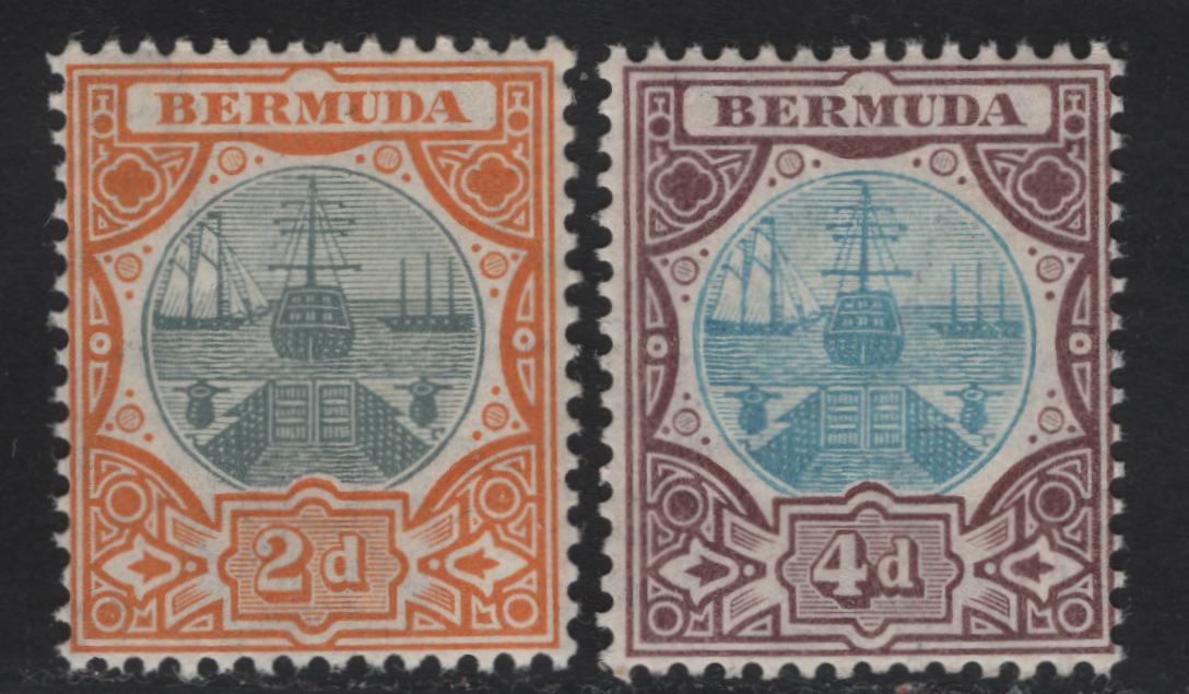 Lot 35 Bermuda SG#39, 42 2d Grey & Orange, 4d Blue & Chocolate, 1906-1910 Dry Dock Definitives Issue, Wmk Multiple Crown CA, 2 VFNH Singles