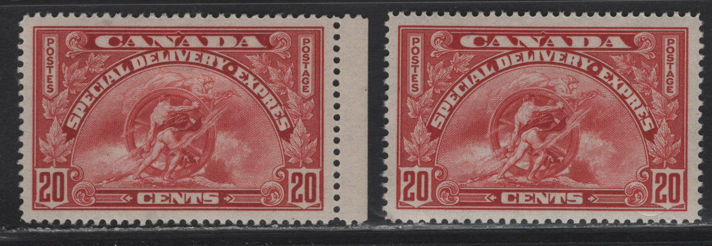 Lot 355 Canada #E6 20c Carmine , 1935 Special Delivery Issue, 2 VFOG Singles, CBN-UUU Paper, Perfs 12 & 12x11.9