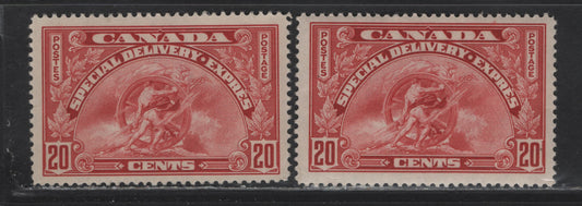 Lot 357 Canada #E6 20c Carmine , 1935 Special Delivery Issue, 2 F/VFOG Singles, CBN-SS Paper, Perfs 11.9 & 12x11.9