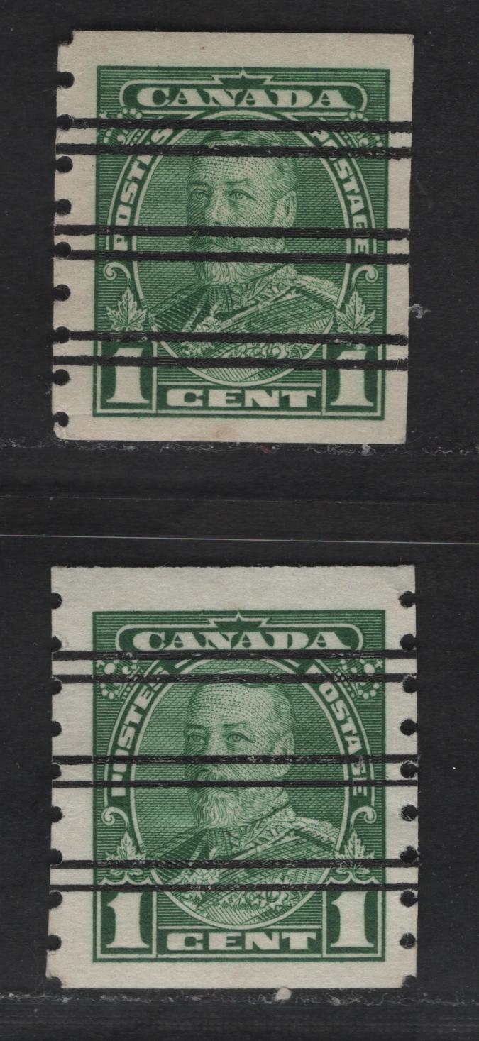 Lot 387 Canada #228xx 1c Green King George V, 1935-1937 Dated Die Issue Airmail, 2 VF Used Coil Singles On Paper CBN-AAAA, Style W & X Precancels, Unlisted in Walburn For The Coils