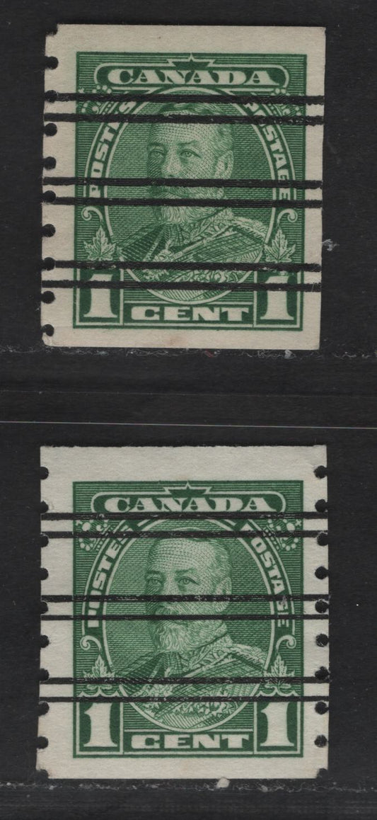Lot 387 Canada #228xx 1c Green King George V, 1935-1937 Dated Die Issue Airmail, 2 VF Used Coil Singles On Paper CBN-AAAA, Style W & X Precancels, Unlisted in Walburn For The Coils