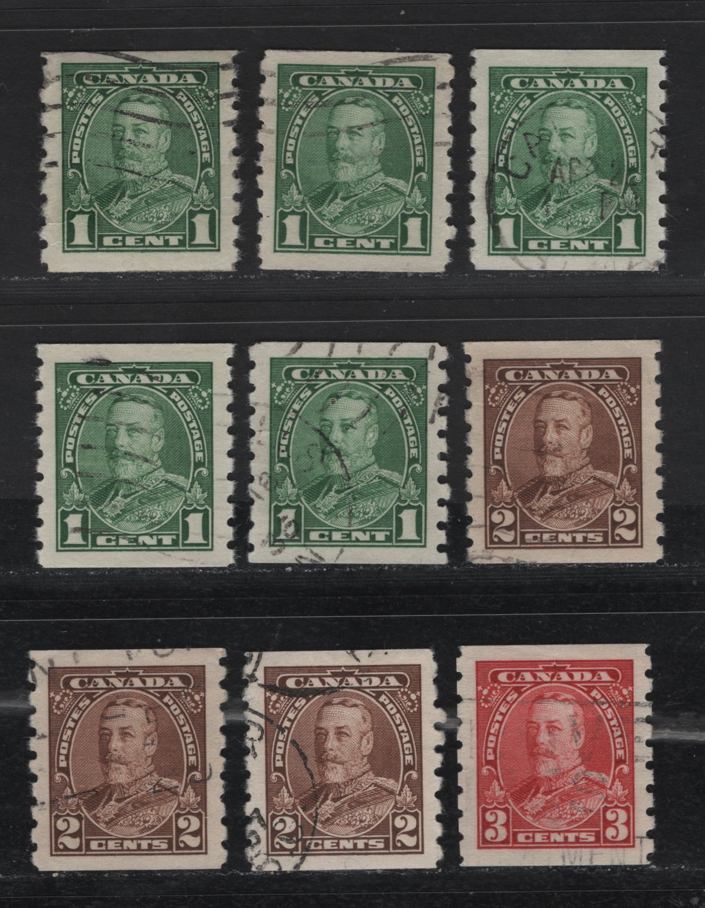 Canada #228 1c-3c Green-Carmine King George V, 1935-1937 Dated Die Issue Airmail, 9 VF Used Coil Singles On Different Papers, Unchecked As To Specific Type