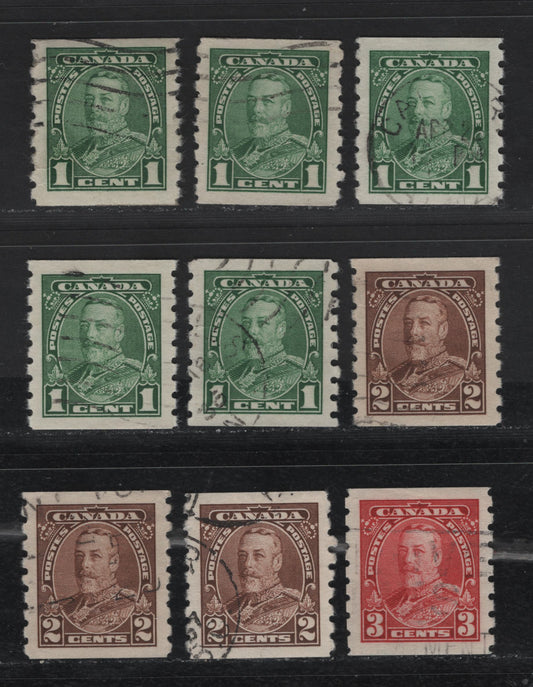 Lot 388 Canada #228 1c-3c Green-Carmine King George V, 1935-1937 Dated Die Issue Airmail, 9 VF Used Coil Singles On Different Papers, Unchecked As To Specific Type