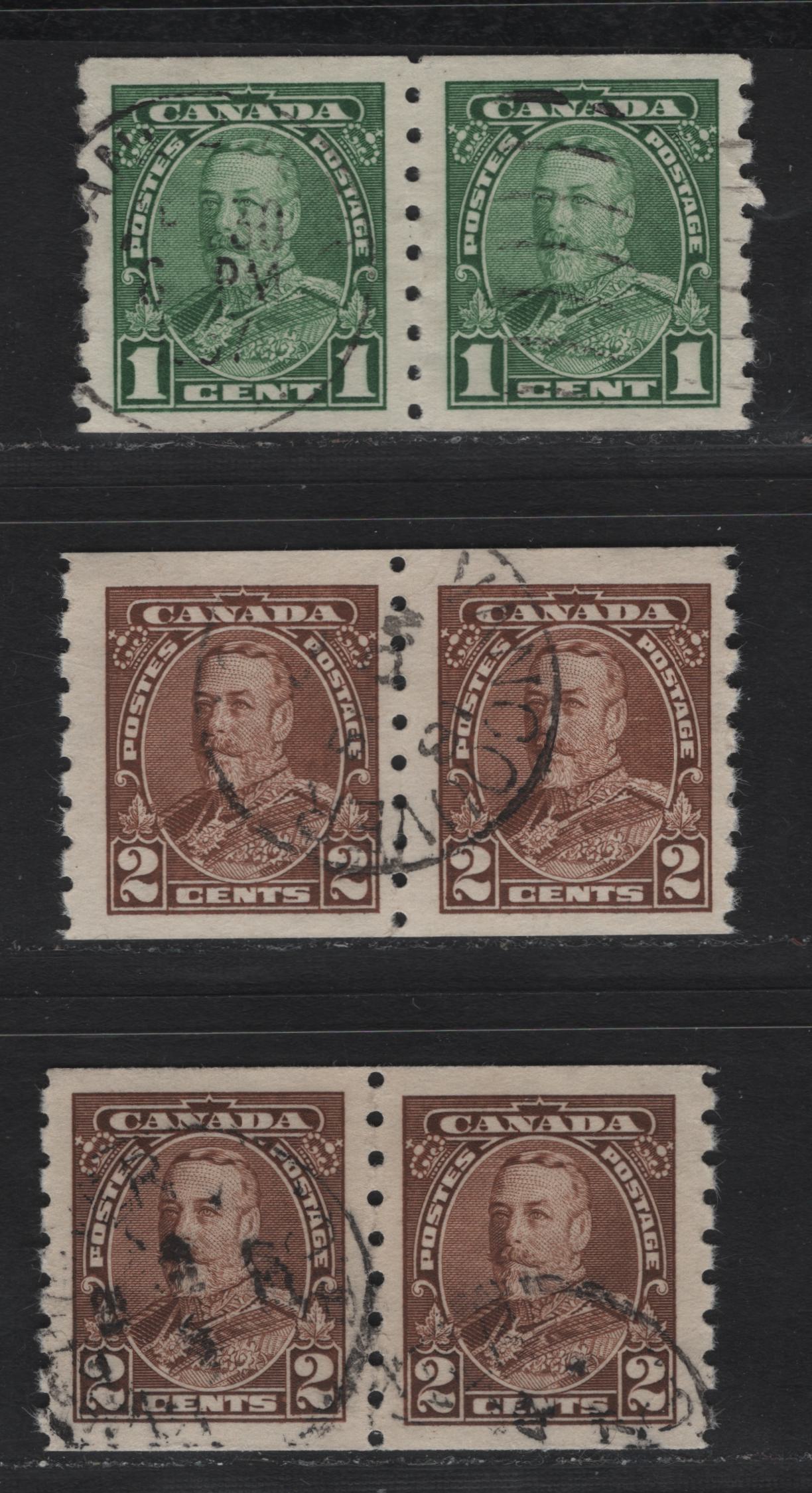 Lot 389 Canada #228-229 1c-2c Green-Brown King George V, 1935-1937 Dated Die Issue Airmail, 3 Fine & VF Used Coil Pairs On Different Papers, Unchecked As To Specific Type