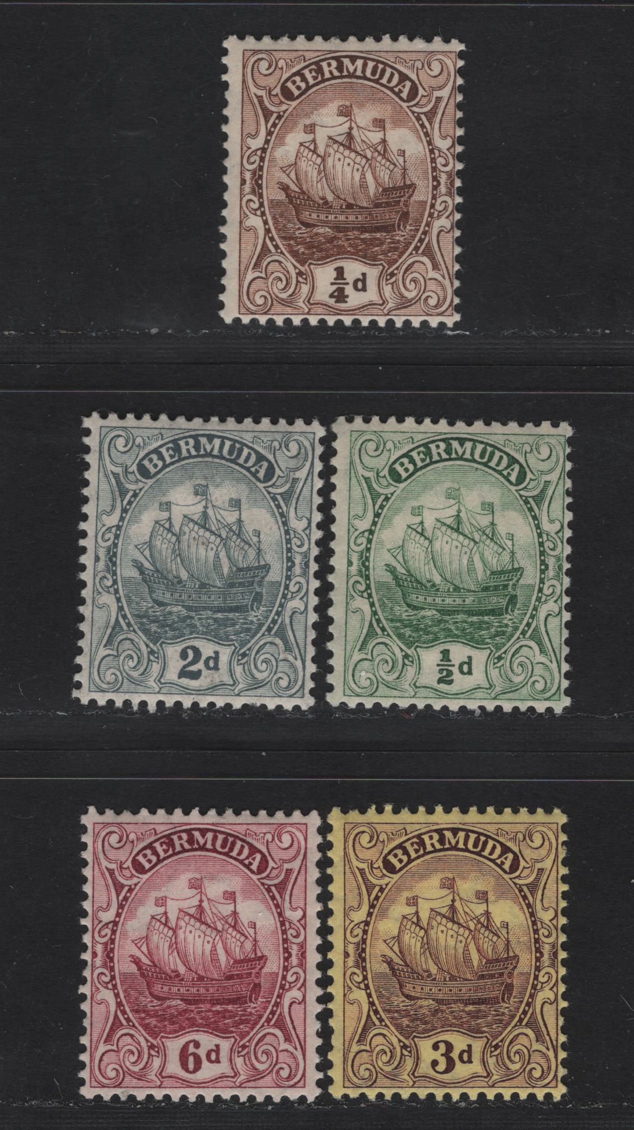 Lot 40 Bermuda SG#44-45, 47, 49, 50a 1/4d - 6d Brown - Pale Claret Caravel, 1910-1925 Caravel Definitive Issue, 5 FOG/NH Singles, Multiple Crown CA Wmk