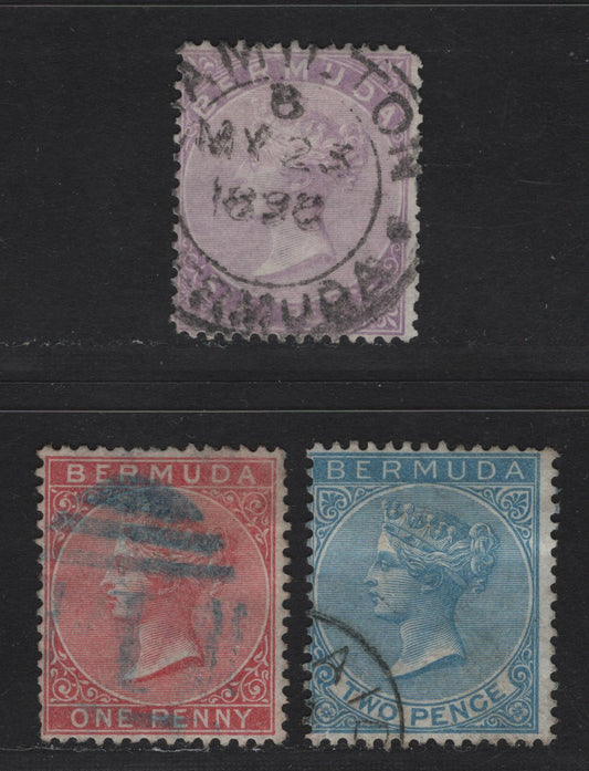 Lot 4 Bermuda SG#1,3,7 1d Rose Red, 2d Bright Blue, 6d Dull Mauve, 1865-1903 Queen Victoria Keyplates Issue, Wmk Crown CC, 3 VG & F Used Singles 1d Has A Readable Blue #1 Barred Cancel