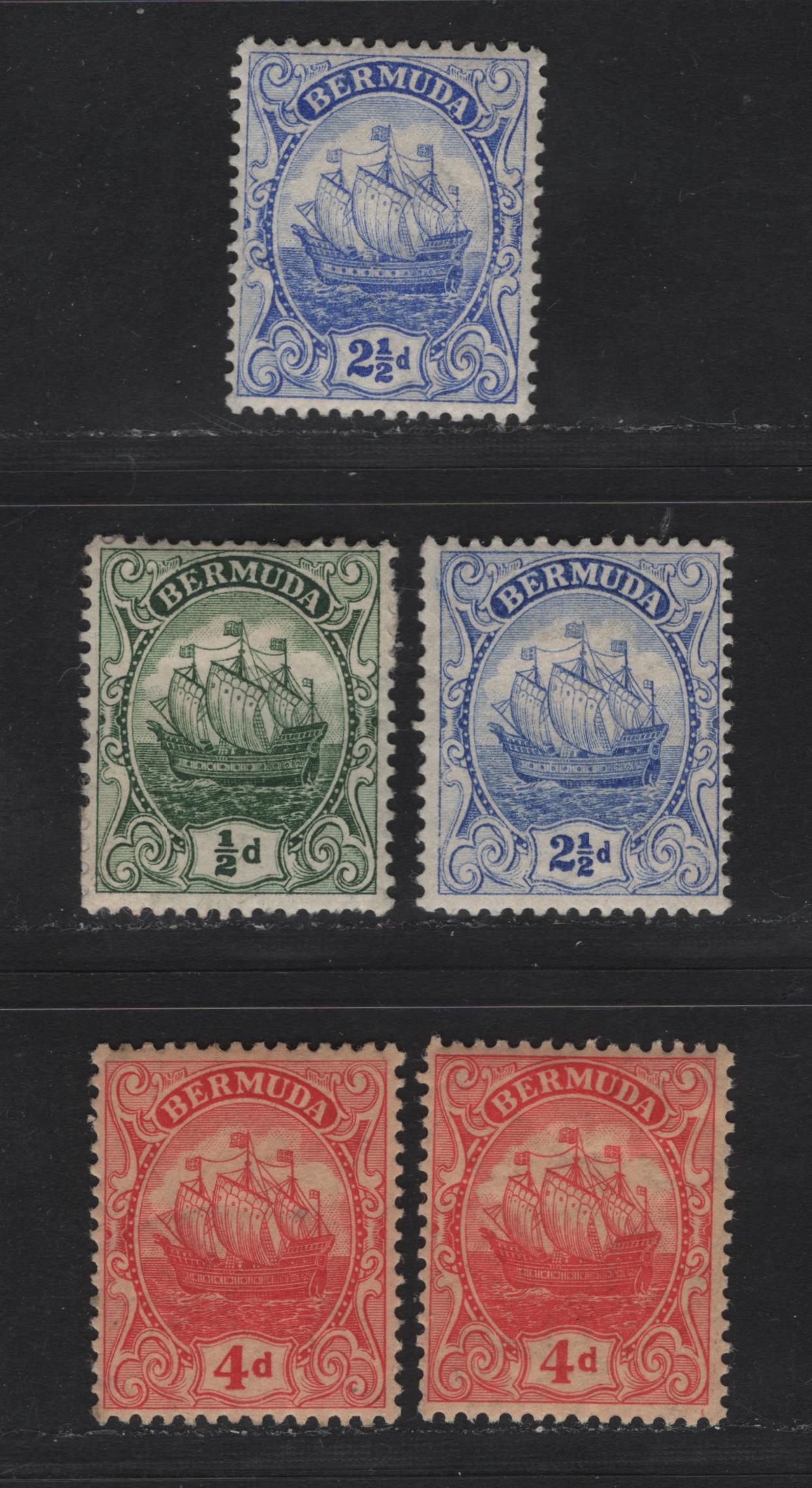 Lot 42 Bermuda SG#45a, 48, 49a 1/2d - 2.5d Deep Green - Blue & Red on Yellow Caravel, 1910-1925 Caravel Definitive Issue, 5 F/VFOG Singles, Two Shades Of Each Of The 2.5d & 4d