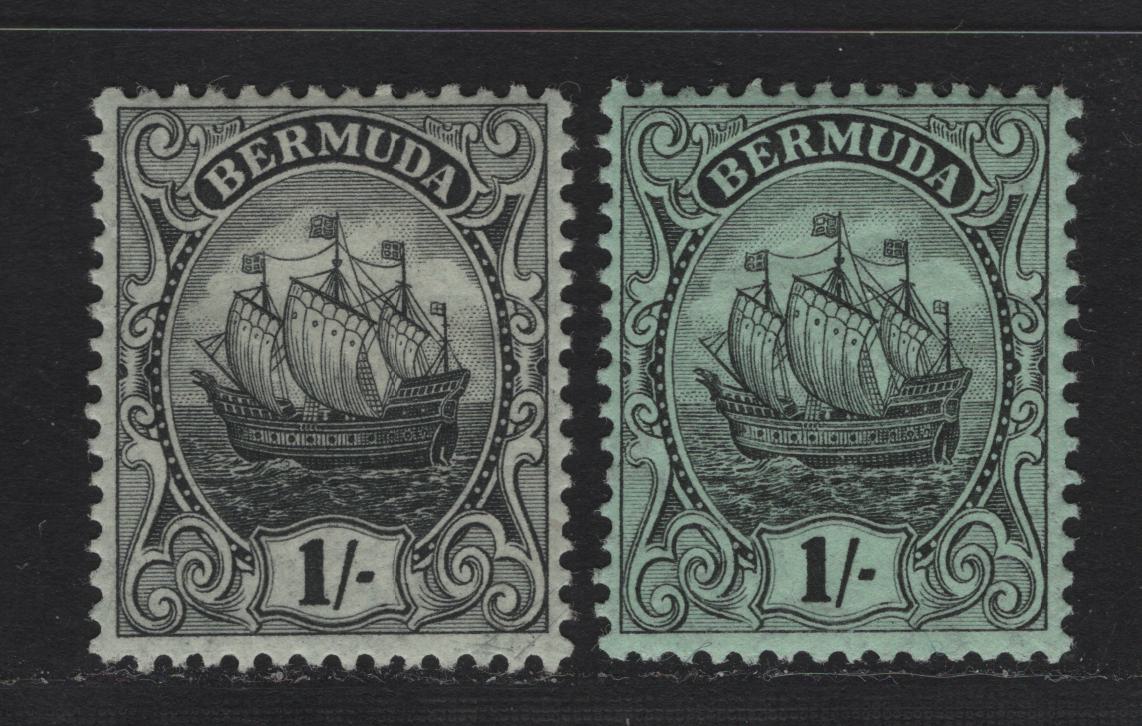 Lot 44 Bermuda SG#51-a 1/- Black on Green/Olive Caravel, 1910-1925 Caravel Definitive Issue, 2 VFOG Singles, Includes All 3 Shades Of 1d
