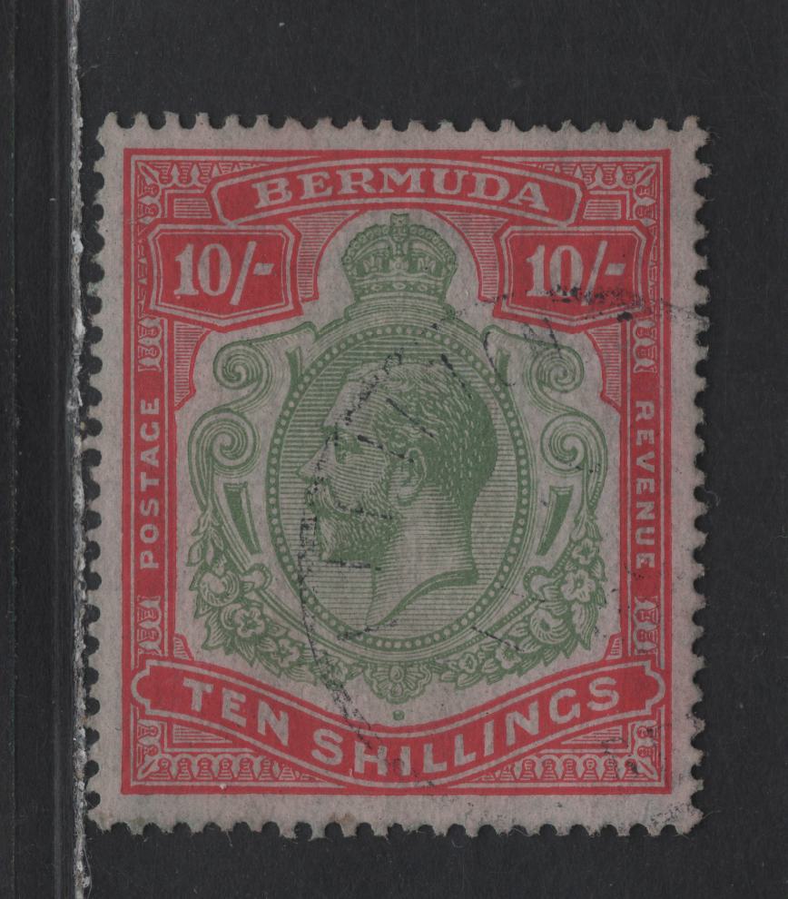 Lot 50 Bermuda SG#54 10/- Green & Carmine on Pale Bluish Green King George V, 1918-1922 KGV Issue, A Very Fine Used Single, Very Faint But Readable Hamilton CDS Cancel
