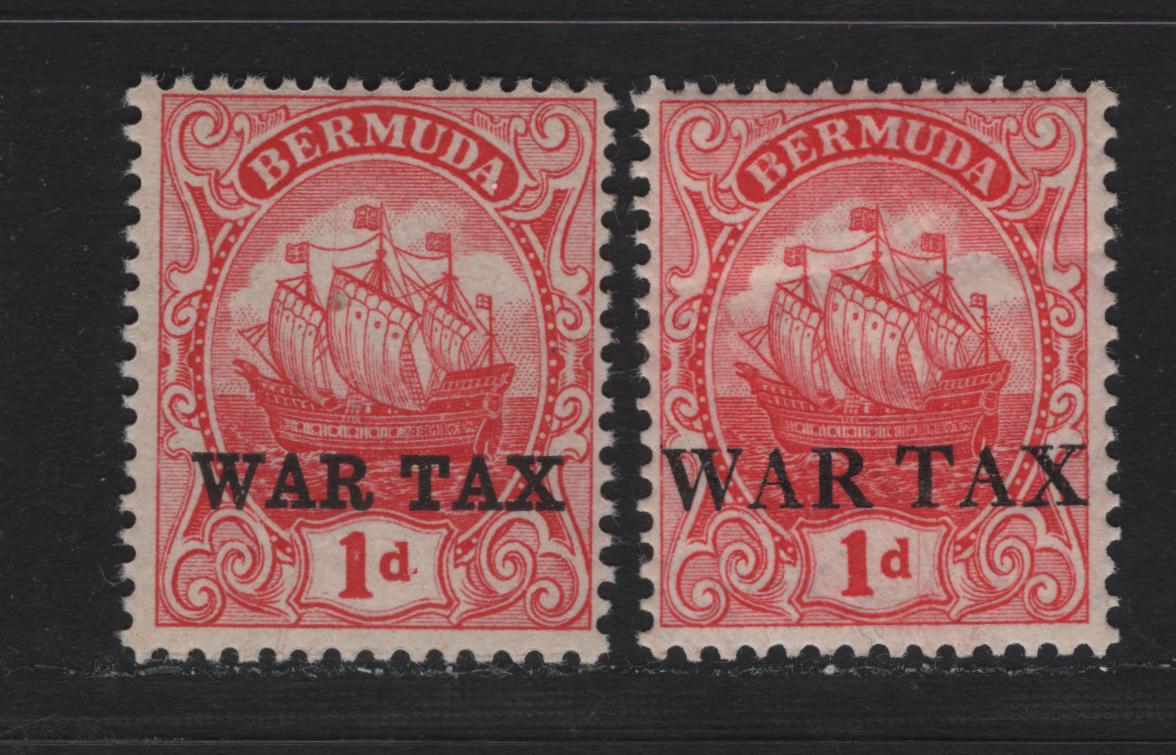 Lot 51 Bermuda SG#56a, 58 1d Rose Red - Carmine Caravel, 1918-1920 War Tax Overprinted Issue, 2 FNH Singles