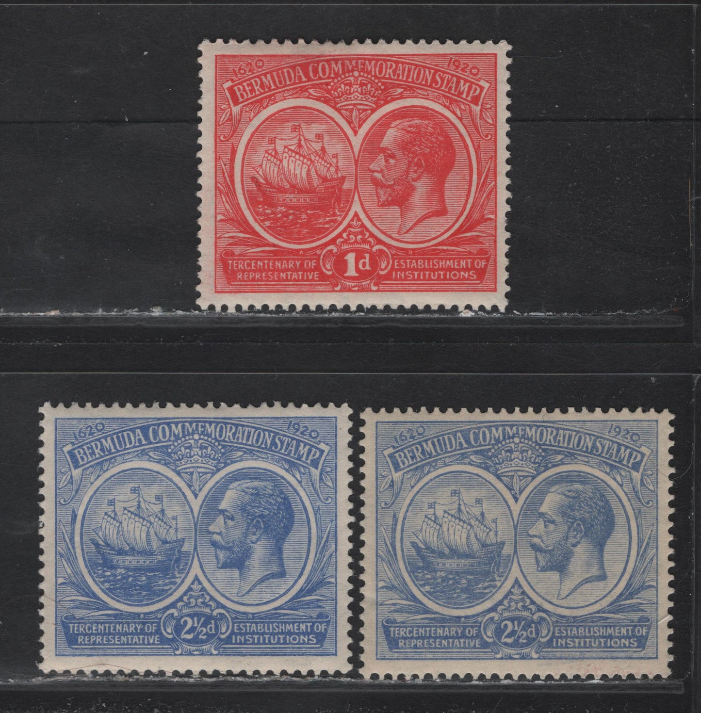 Lot 58 Bermuda SG#65-66 1d - 2.5d Carmine - Bright Blue King George V & Caravel, 1920-1921 Tercentenary of Representative Institutions Issue, 2 VFOG Singles