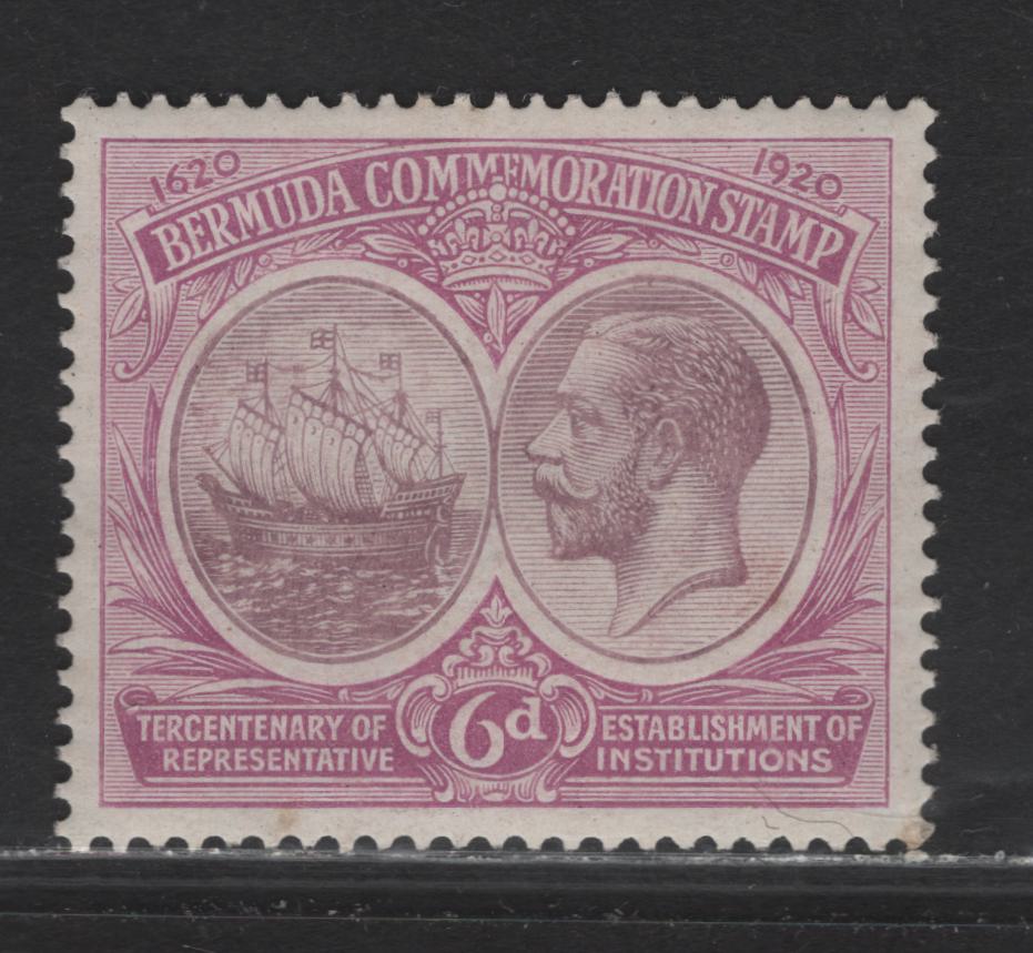Lot 60 Bermuda SG#67 6d Dull & Bright Purple King George V & Caravel, 1920-1921 Tercentenary of Representative Institutions Issue, A VFOG Single