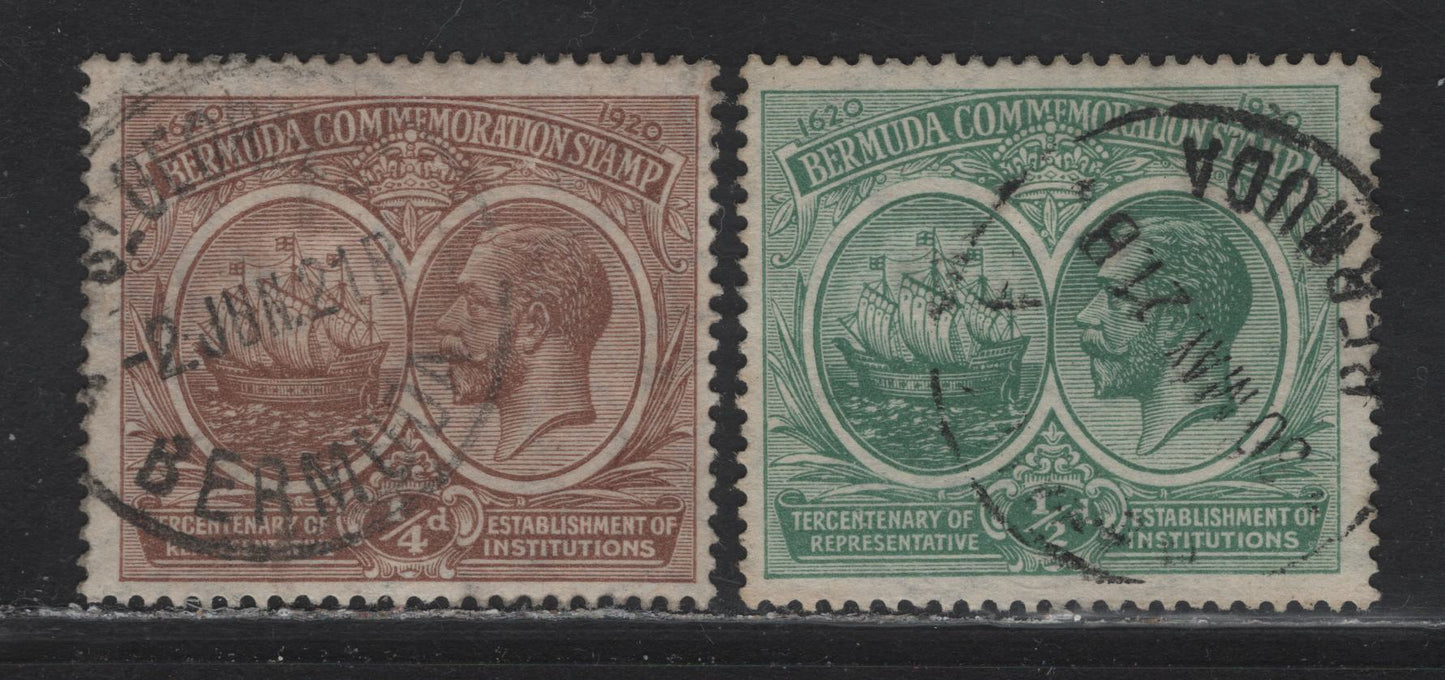 Lot 61 Bermuda SG#59-60 1/4d - 1/2d Brown - Green Representative Institutions, 1920-1921 Tercentenary of Representative Institutions Issue, 2 Fine Used Singles, Contemporaty St. Georges CDS Cancels, Scarcer Used Than Mint