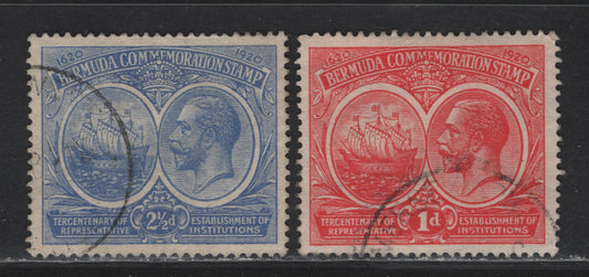 Lot 62 Bermuda SG#65-66 1d - 2.5d Carmine - Blue Representative Institutions, 1920-1921 Tercentenary of Representative Institutions Issue, 2 Fine/Very Fine Used Singles, 1d With Creased UR Corner Perf, Script CA Wmk