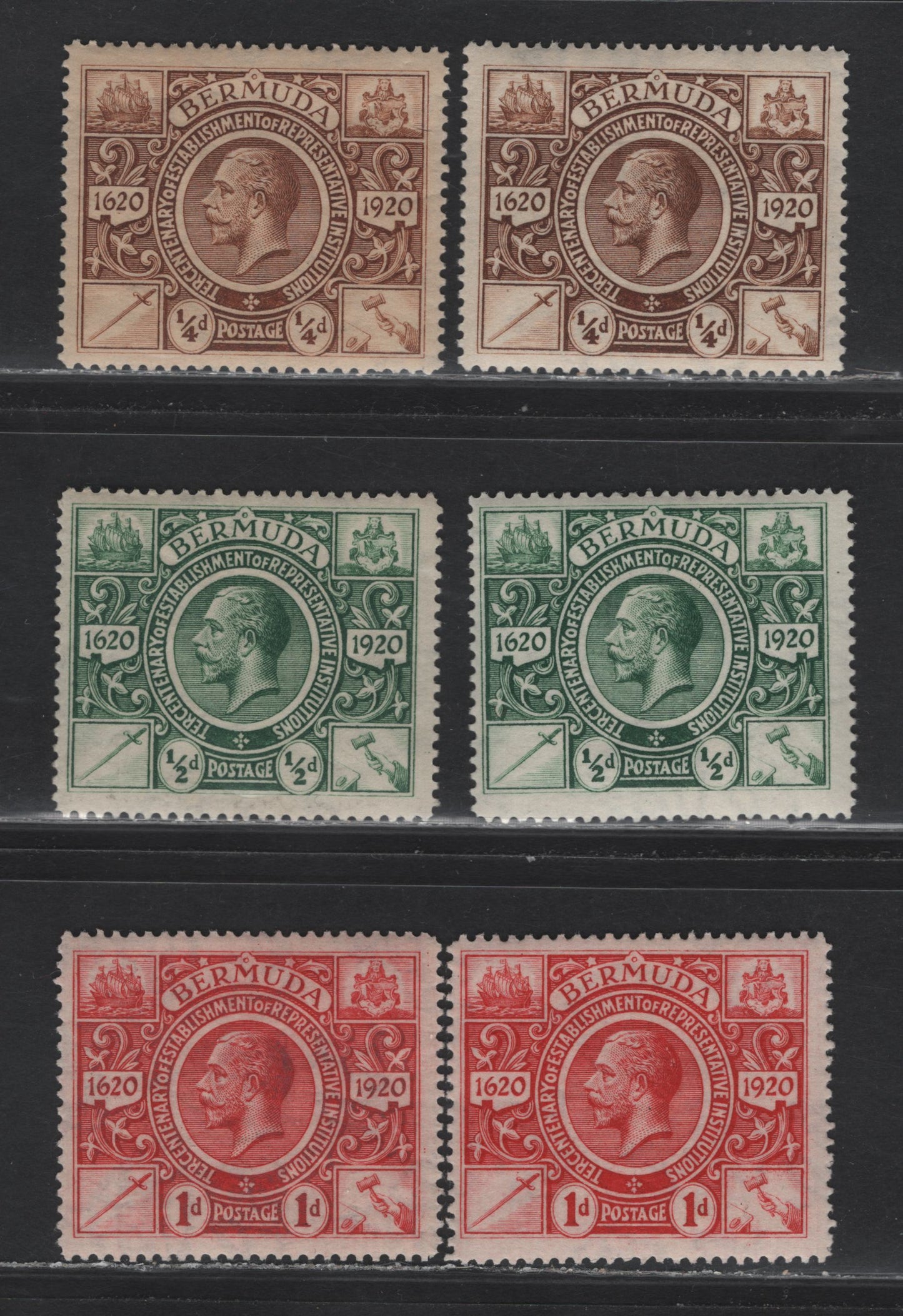 Lot 64 Bermuda SG#74-76 1/4d - 1d Brown - Carmine Representative Institutions, 1921 Tercentenary of Representative Institutions Issue, 6 F/VFOG Singles, Slight Shade Variations Of All 3 Values, Multiple Crown CA Wmk