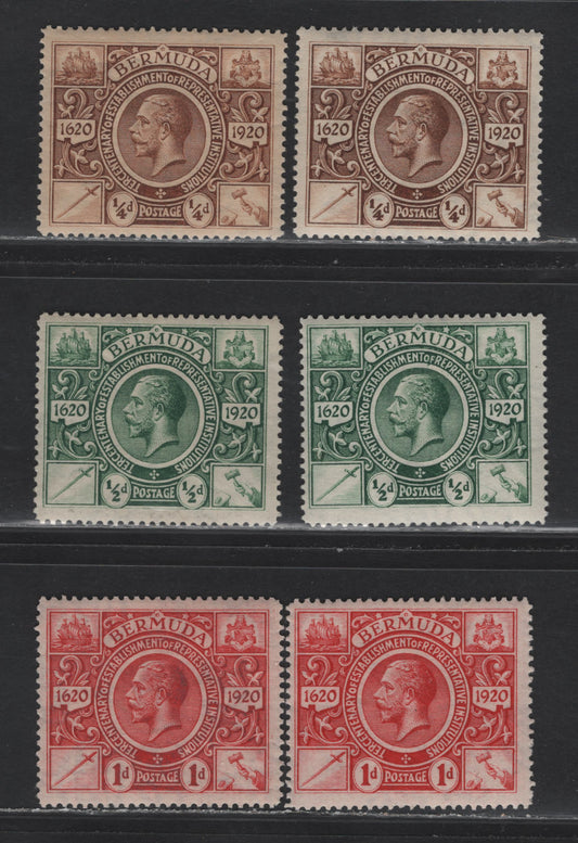 Lot 64 Bermuda SG#74-76 1/4d - 1d Brown - Carmine Representative Institutions, 1921 Tercentenary of Representative Institutions Issue, 6 F/VFOG Singles, Slight Shade Variations Of All 3 Values, Multiple Crown CA Wmk