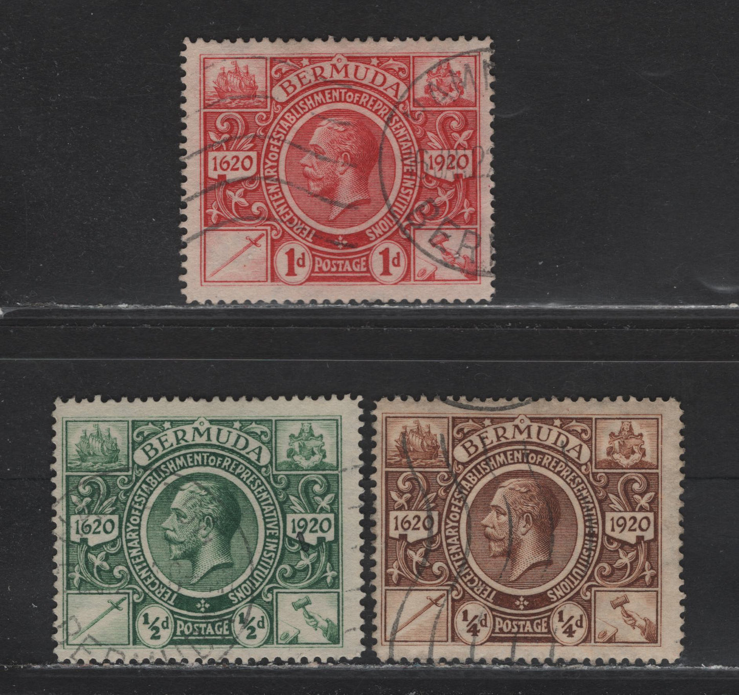 Lot 65 Bermuda SG#74-76 1/4d - 1d Brown - Deep Carmine Representative Institutions, 1921 Tercentenary of Representative Institutions Issue, 3 Fine Used Singles