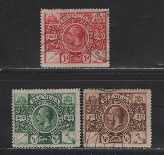 Lot 65 Bermuda SG#74-76 1/4d - 1d Brown - Deep Carmine Representative Institutions, 1921 Tercentenary of Representative Institutions Issue, 3 Fine Used Singles