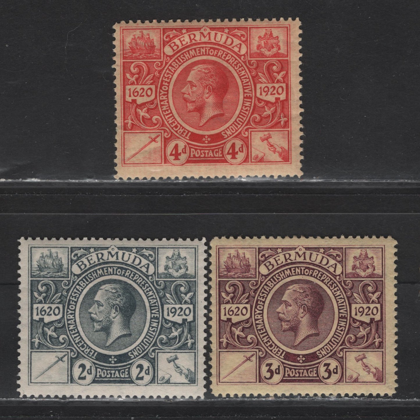 Lot 66 Bermuda SG#68, 70-71 2d - 4d Gray - Red on Pale Yellow Representative Institutions, 1921 Tercentenary of Representative Institutions Issue, 3 FOG Singles