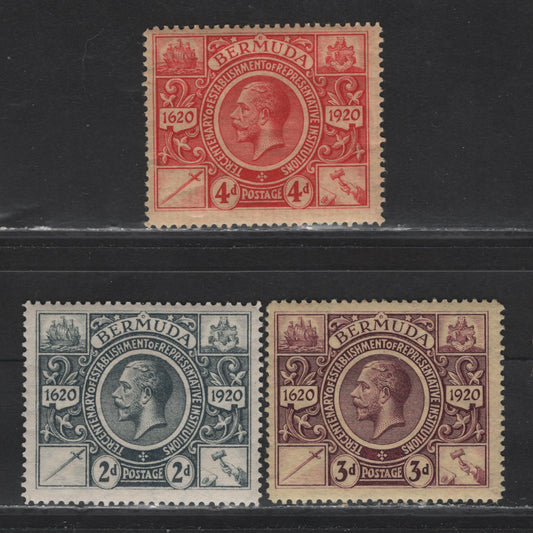 Lot 66 Bermuda SG#68, 70-71 2d - 4d Gray - Red on Pale Yellow Representative Institutions, 1921 Tercentenary of Representative Institutions Issue, 3 FOG Singles