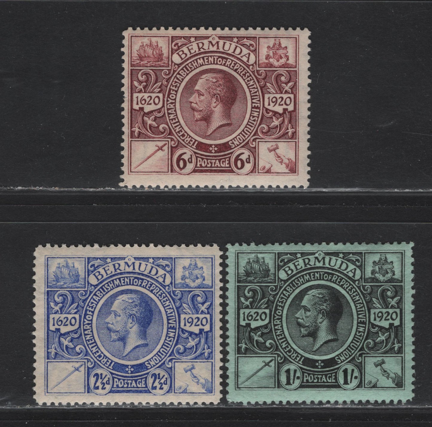 Lot 69 Bermuda SG#69, 72-73 2.5d - 1/- Bright Ultramarine - Black on Green Representative Institutions, 1921 Tercentenary of Representative Institutions Issue, 3 FOG Singles