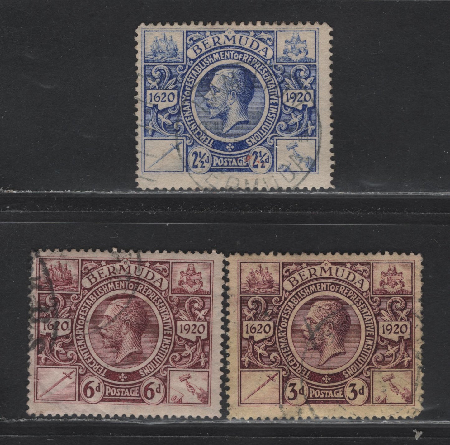 Lot 70 Bermuda SG#69-70, 72 2.5d - 6d Bright Ultramarine - Purple Representative Institutions, 1921 Tercentenary of Representative Institutions Issue, 3 Very Good/Fine Used Singles, Scarcer Used Than Mint, 6d With Heavy Diagonal Crease