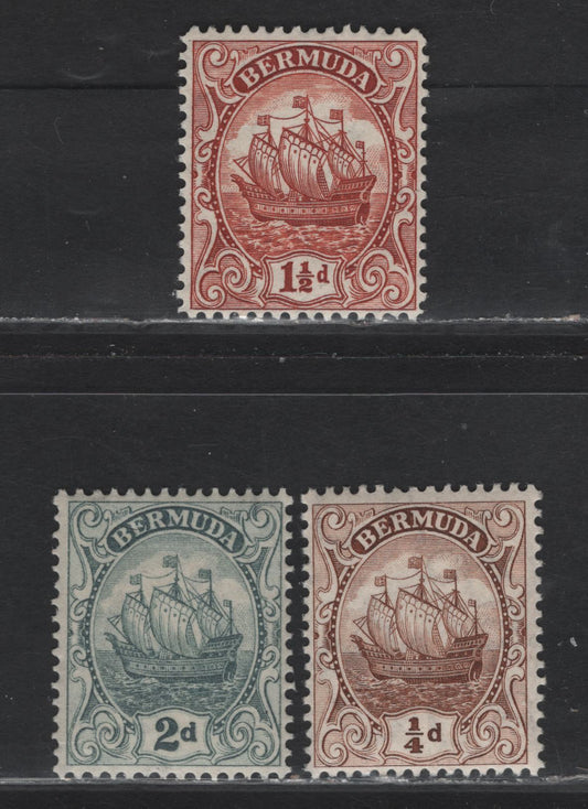 Lot 71 Bermuda SG#77, 79b, 80 1/4d - 2d Brown - Gray Caravel, 1922-1934 Caravel Definitive Issue, 3 F/VFNH Singles, Comb & Line Perfs