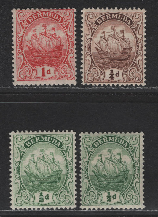 Lot 73 Bermuda SG#77-a, 78a 1/4d - 1d Brown - Carmine Caravel, 1922-1934 Caravel Definitive Issue, 4 F/VFOG Singles, All Comb Perf Except 1/4d Which Is Line Perf