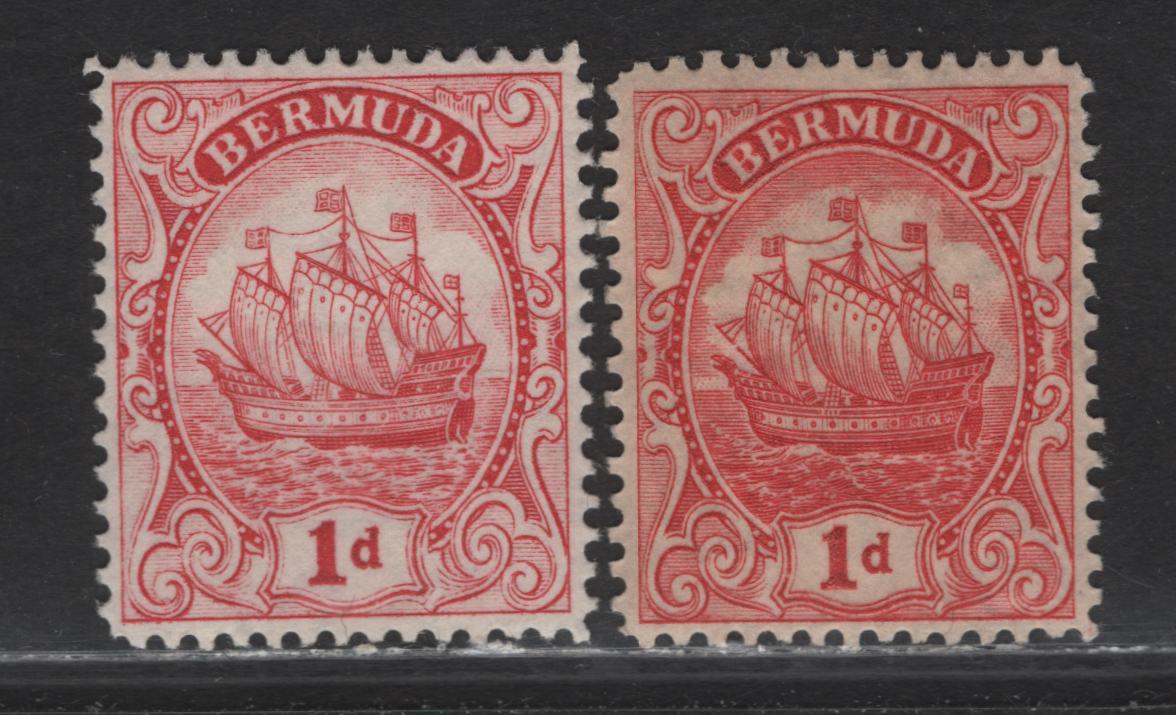 Lot 74 Bermuda SG#79-a 1d Scarlet & Carmine Lake Caravel, 1922-1934 Caravel Definitive Issue, 2 VFOG Singles, Type III, Line Perf