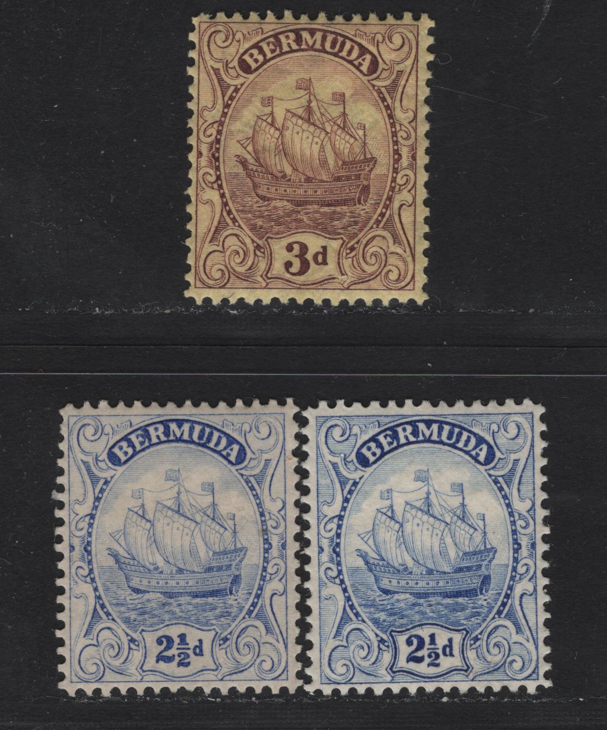 Lot 76 Bermuda SG#82,b, 84 2.5d - 3d Ultramarine - Purple on Yellow Caravel, 1922-1934 Caravel Definitive Issue, 3 VFOG Singles