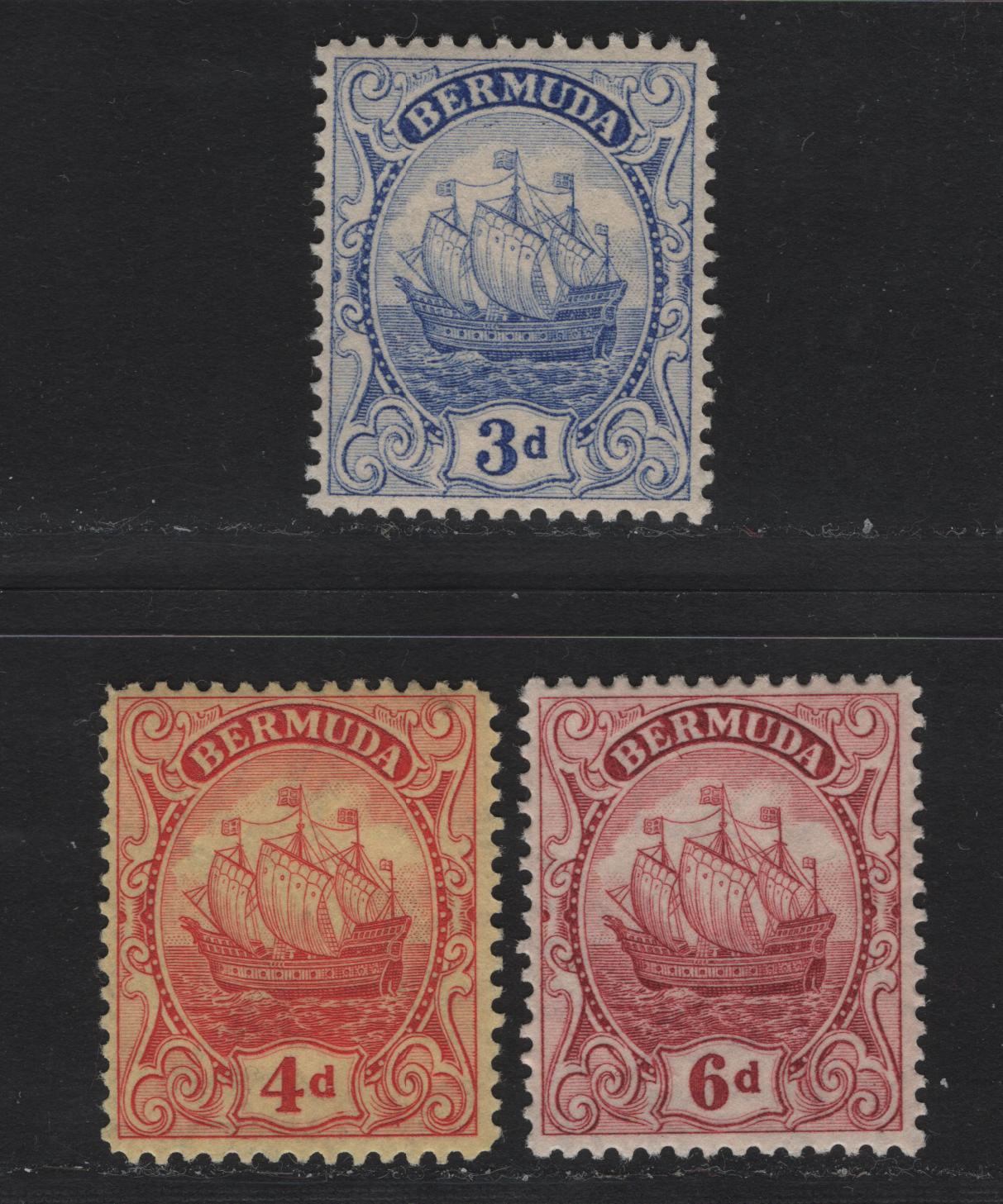 Lot 77 Bermuda SG#83, 85, 86 3d - 4d Ultramarine - Red on Yellow Caravel, 1922-1934 Caravel Definitive Issue, 3 F/VFOG Singles, 3d & 6d Comb Perf & The 4d Is Line Perf