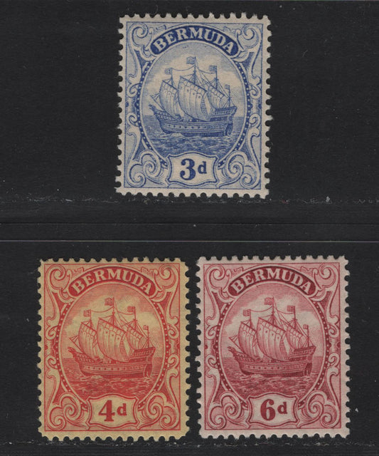 Lot 77 Bermuda SG#83, 85, 86 3d - 4d Ultramarine - Red on Yellow Caravel, 1922-1934 Caravel Definitive Issue, 3 F/VFOG Singles, 3d & 6d Comb Perf & The 4d Is Line Perf