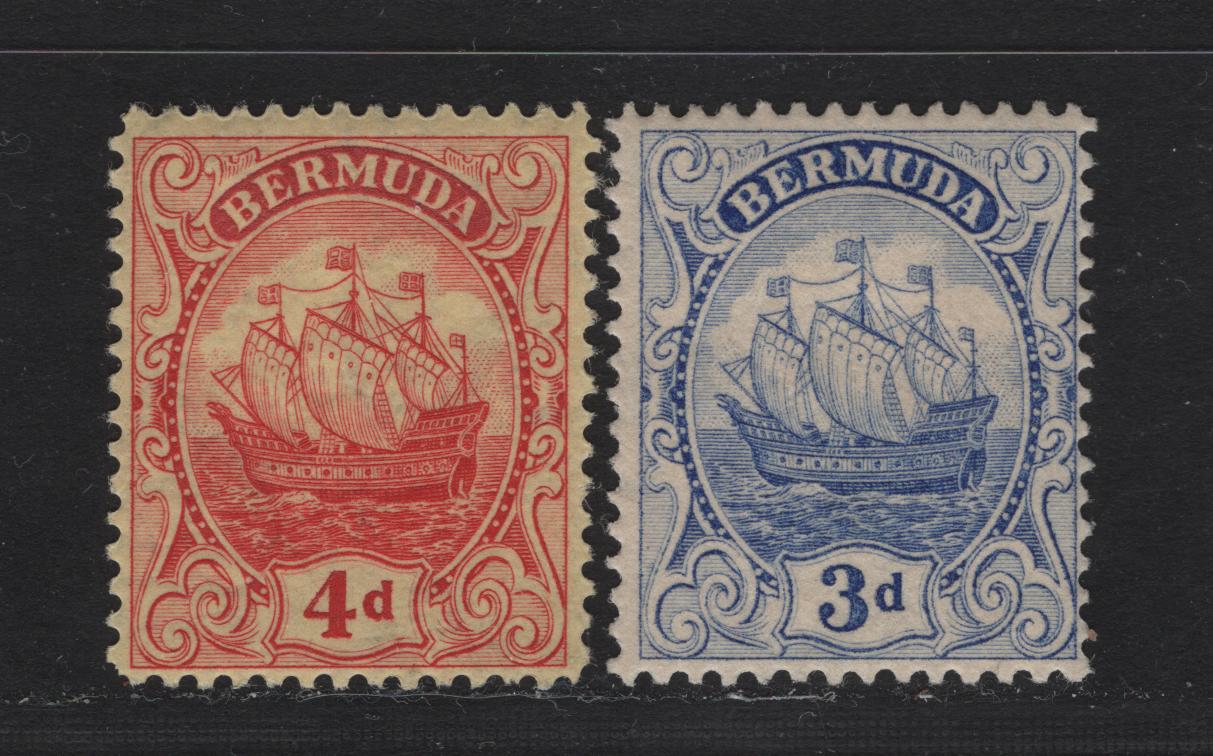 Lot 78 Bermuda SG#83, 85 3d - 4d Ultramarine - Red on Yellow Caravel, 1922-1934 Caravel Definitive Issue, 2 FOG Singles, 3d Is Comb Perf, 4d Is Line