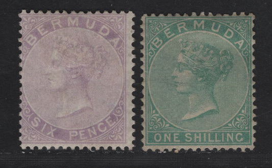 Lot 8 Bermuda SG#7,8 6d Dull Mauve & 1/- Green, 1865-1903 Queen Victoria Keyplates Issue, Wmk Crown CC, 2 F&VF OG Singles Perf 14