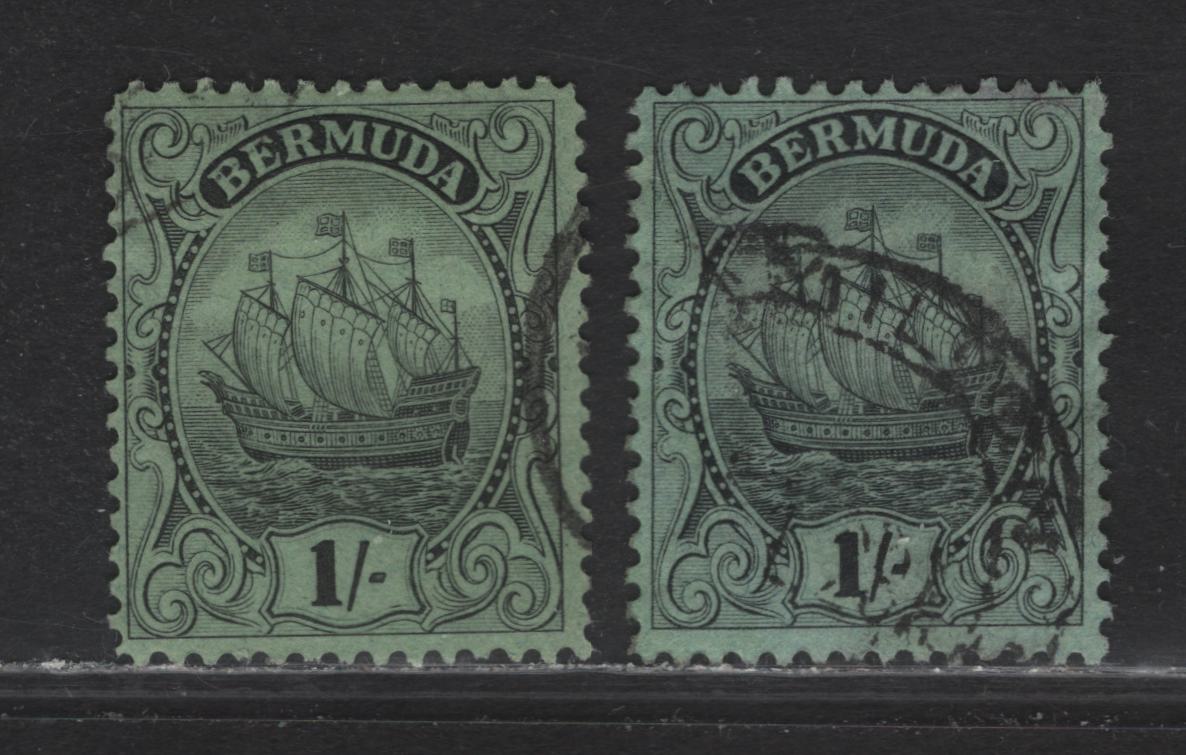 Lot 82 Bermuda SG#87-a 1/- Black on Emerald - Black on Yellow Green King George V, 1924-1932 Caravel Definitive Issue, 2 Fine Used Singles, Line Perf
