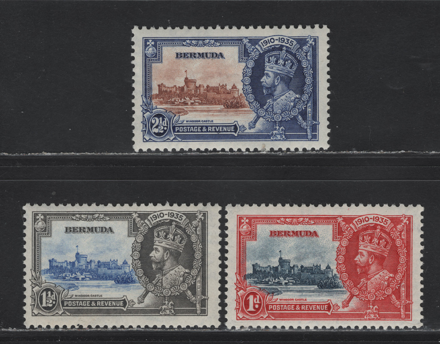 Lot 84 Bermuda SG#94-96 1d - 2.5d Deep Blue & Scarlet - Brown & Deep Blue King George V & Windsor Castle, 1935 Silver Jubilee Issue, 3 VFNH Singles