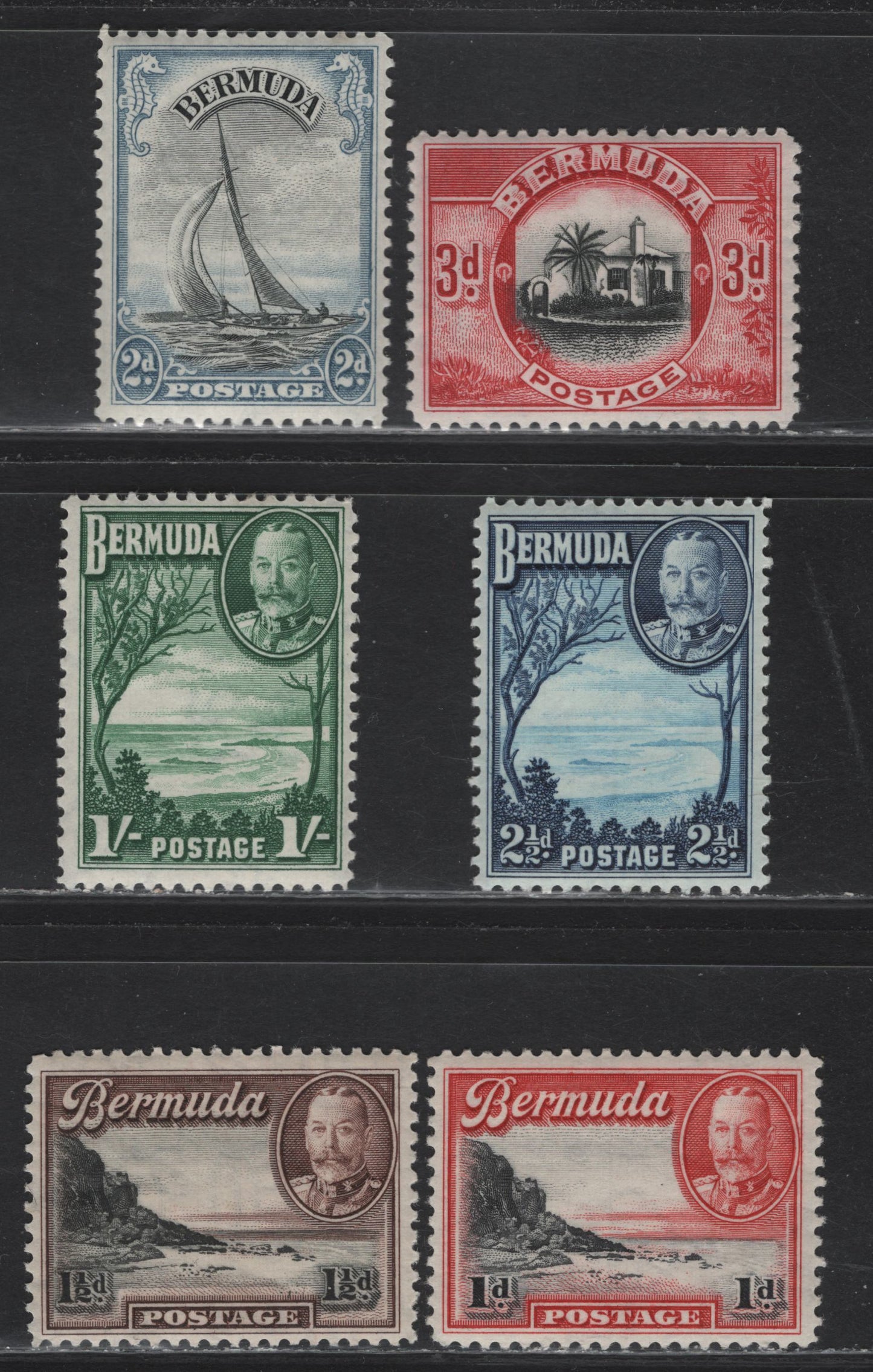 Lot 88 Bermuda SG#99-103, 105 1d - 1/- Black & Scarlet - Green King George V, 1936 KGV Pictorial Issue, 6 F/VFNH Singles