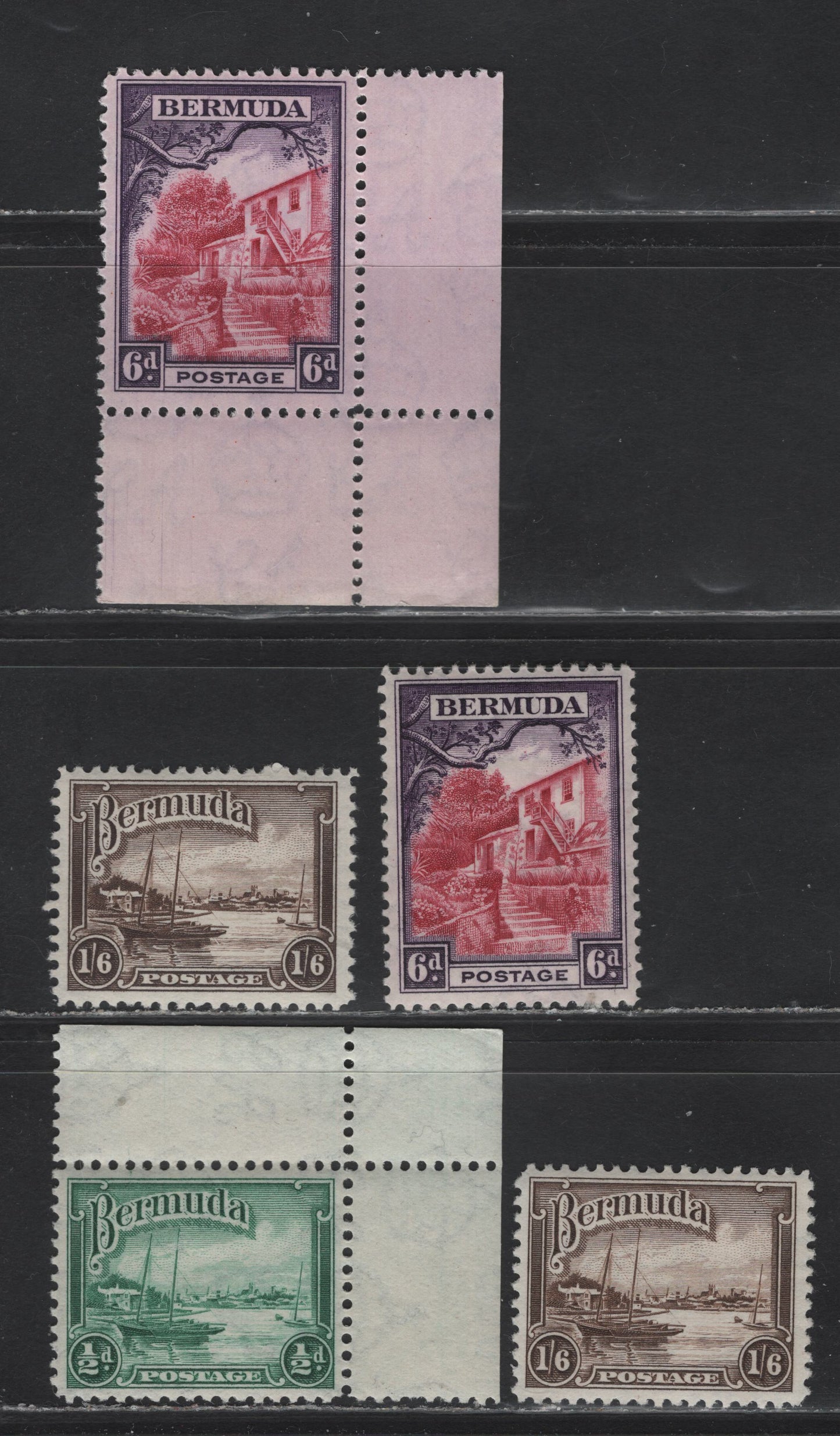Lot 89 Bermuda (C) SG#98, 104, 106 1/2d - 1/6d Bluish Green - Brown King George V & VI, 1936-1947 KGV Pictorial Issue, 5 VFNH Singles, 1936 & 1940 Printings With Crackly Gum