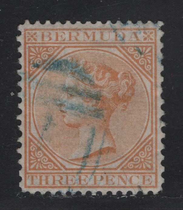 Lot 9 Bermuda SG#10 3d Yellow Buff, 1865-1903 Queen Victoria Keyplates Issue, Wmk Crown CC, A VF Used Single Perf 14x12 1/2