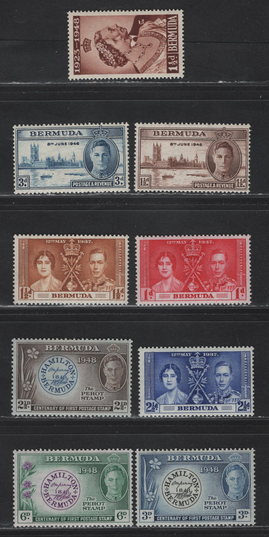 Lot 92 Bermuda SG#107-109, 123-125, 127-129 1d - 6d Scarlet - Violet & Green Coronation - Perot Stamp, 1937-1949 Coronation - Perot Stamp Centenary Issues, 9 F/VFOG Singles
