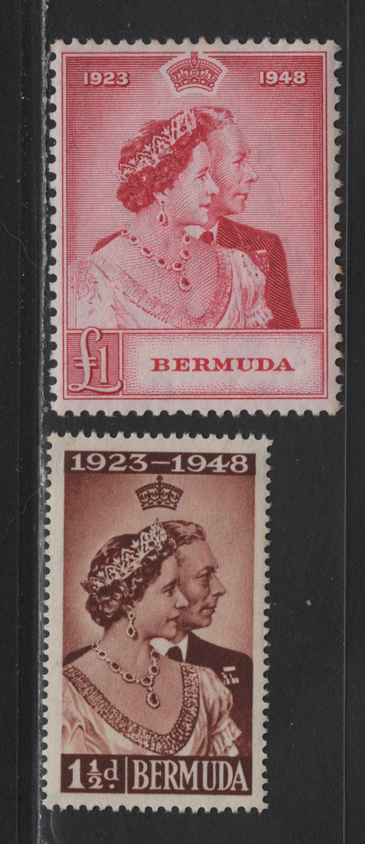 Lot 93 Bermuda SG#125-126 1.5d - £1 Red Brown - Carmine Royal Silver Wedding, 1948 Royal Silver Wedding Issue, 2 VFNH Singles